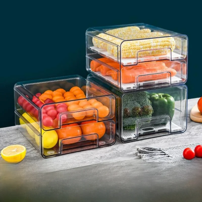

Multi-Functional Stackable Drawer Style PET Plastic Storage Box for Fridge Fruit And Vegetable Draining Organizer Box