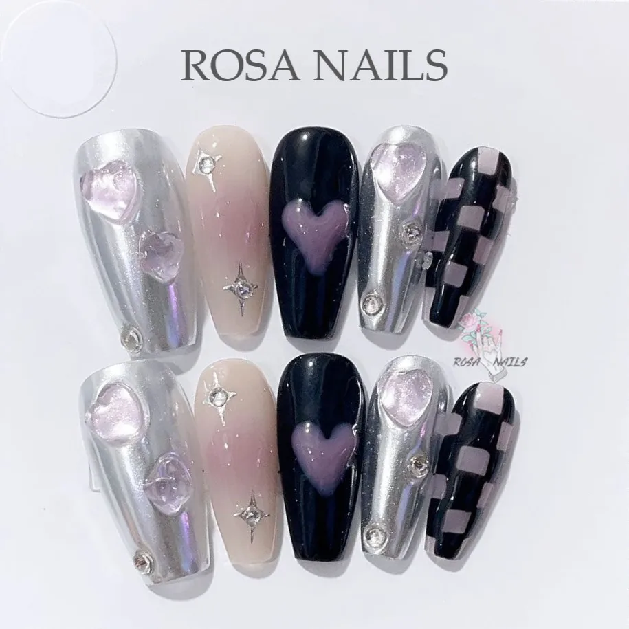 Black Grid Coffin Press on Nails Long Full Length 3D Gel Heart Crystal Purple Nail Silver Star Salon Acrylic Artificial Nail Tip