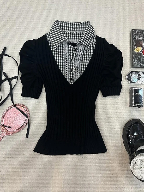 Boya Girl Original Bla Plaid Splicing ort Sve T-irt Women Summer Vintage Vintage Clothing Top Trendy  irt