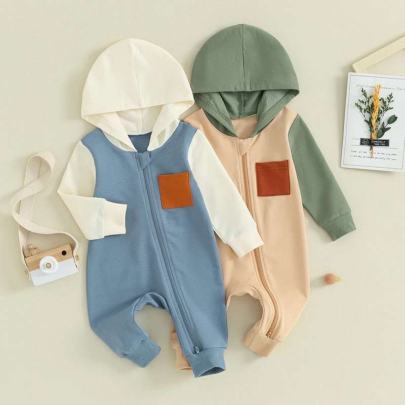 

2023-08-17 Lioraitiin 0-18M Autumn Infant Baby Boy Romper Contrast Color Long Sleeve Zipper Hooded Jumpsuit Pocket