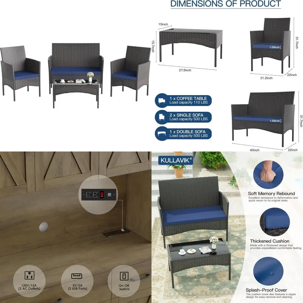 Outdoor Patio Furniture Set: 4-Piece PE Wicker Rattan Chairs with Tempered Glass Table and Sofa for Garden Conversation