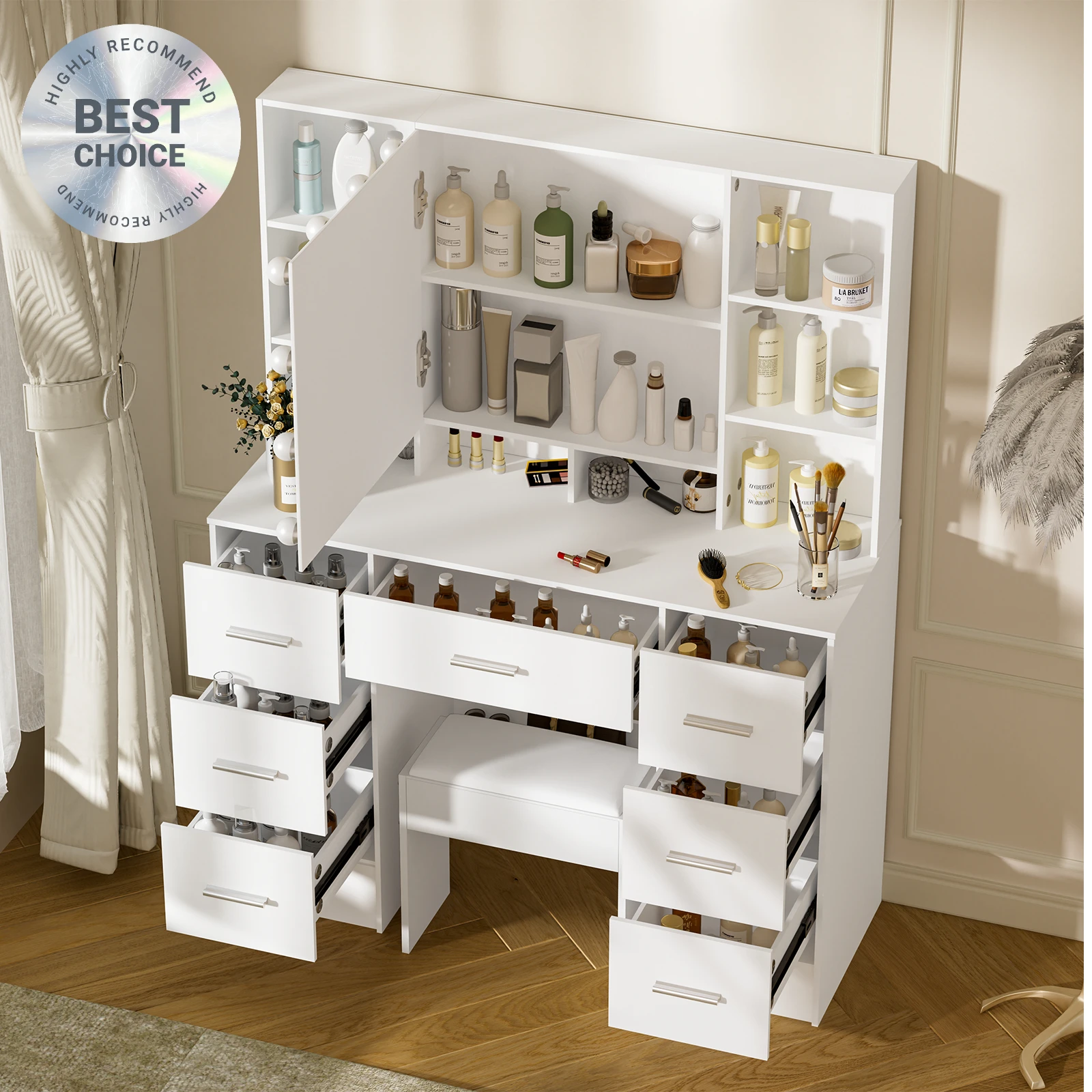 مجموعة كبيرة منضدة الزينة مع 3 ألوان قابلة للتعديل ومرآة مكياج LED لغرفة النوم للنساء مكونة من 7 أدراج باللون الأبيض #1