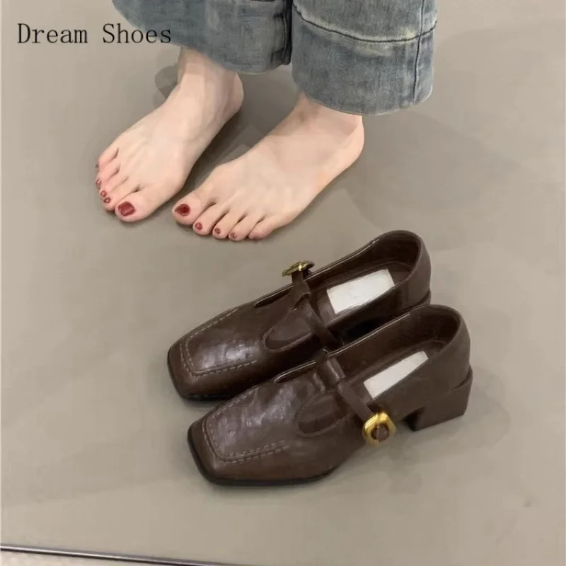 

Женские туфли на толстом каблуке с квадратным носком во французском стиле ретро, весенне-осенние новые кожаные туфли Мэри Джейн в сказочном стиле