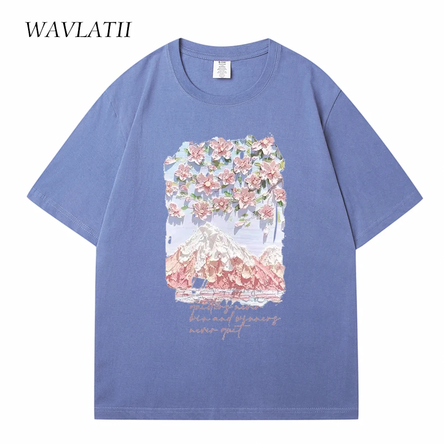 WAVLATII Women 100% Cottom Summer T shirts Female Lavender Streetwear Printed Tees Lady Green Casual Short Sleeve Tops WT2328