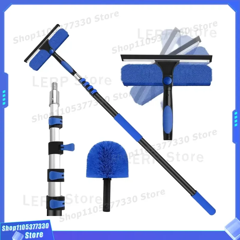 20ft Telescopic Window Cleaning Kit with Extended Rod High Reach Spider Web Duster Outdoor House Washing Brush Tool 5 to 20