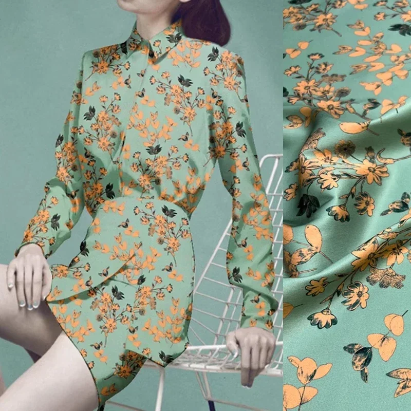 

114CM Wide 16.5MM Thin Silk Crepe Plain Fabric for Summer Spring Yellow Floral Print Green Dress Shirt Cheongsam Fabric D1264