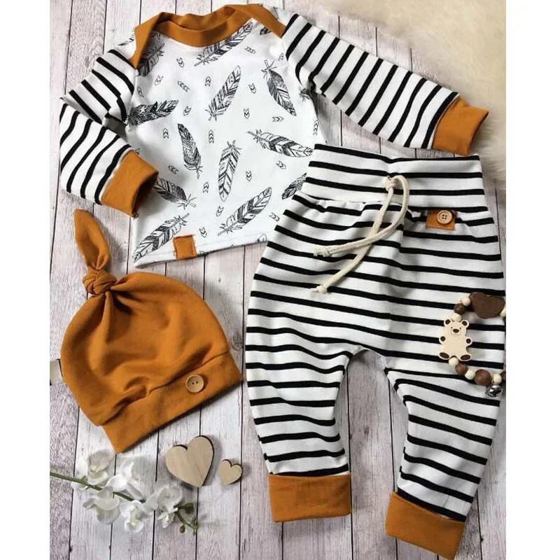 3Pcs set Newborn Baby Clothes Sets Autumn Winter Cotton Infant Tops Pants Hats Suits Warm Baby Clothing Suit Toddler Outfits