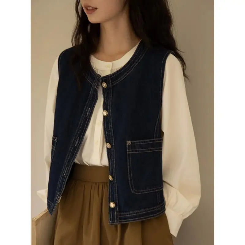 

Ретро-жилет из японского денима для женщин, весенне-осенняя верхняя одежда для многослойного ношения, жилет с подплечниками, однотонный, стандартный крой