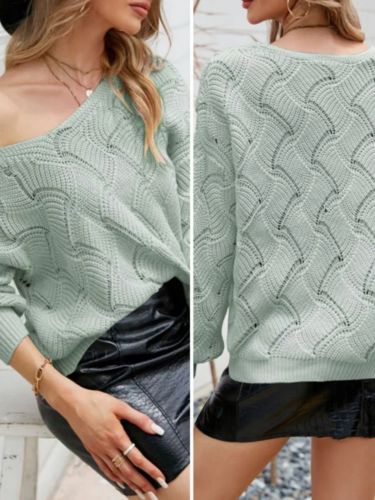 Green V-Neck Sweater Women Long Sleeve Oversized Knitted Sweaters Casual Loose Fitting Pullover Tops Fashion Autumn Streetwear