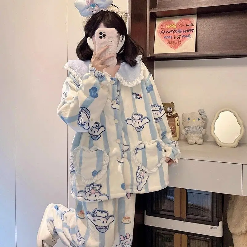 

Kawaii 2 шт. Cinnamoroll пижамный костюм домашняя одежда коралловый флис мягкий Sanrio Melody кардиган топы и брюки комплект женская плюшевая одежда для сна