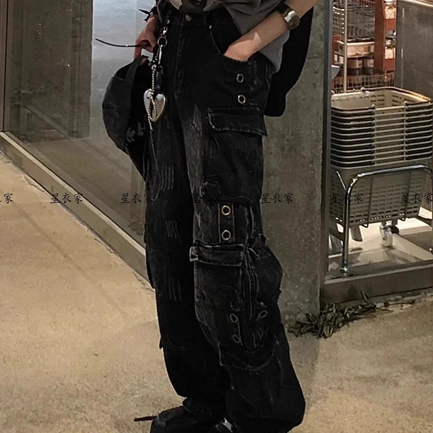 American Vintage Gothic Black Y2K Washed Multi-Pocket Spliced Jeans Women Loose Street Trend Hip Hop Rap Wide Leg Pants