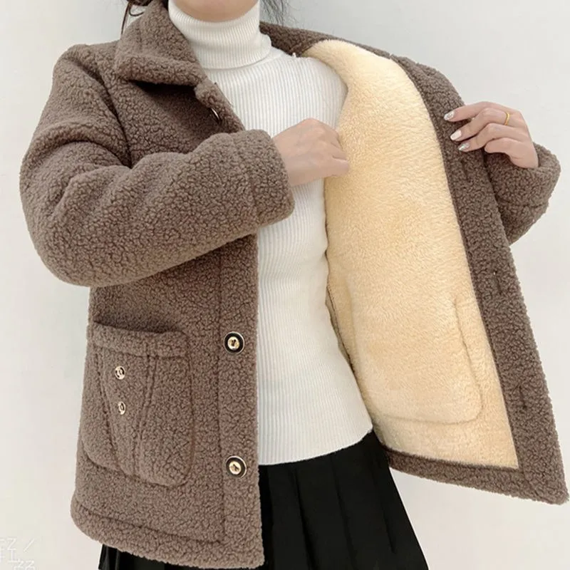 2023 New Thick Fleece Winter Single Breasted Lamb Fur Women\'s Coat Mom Wear Lapel Pocket Imitation Fur Warm Casual Jacket Female