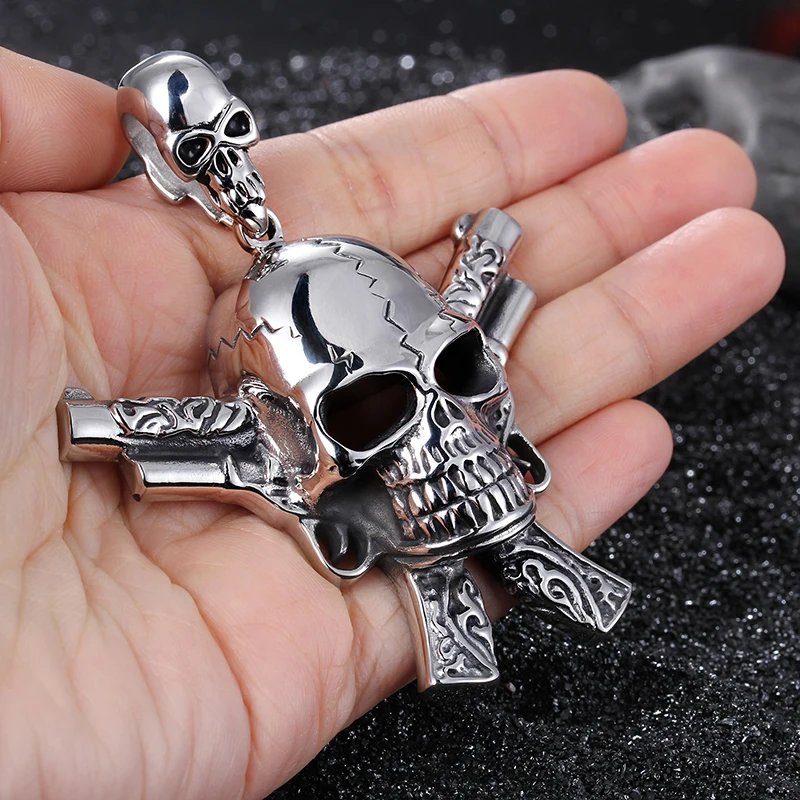Casting  Stainless Steel Domineering Double Gun Skull Warrior Pendant Mens biker large  Necklace Chain 22''