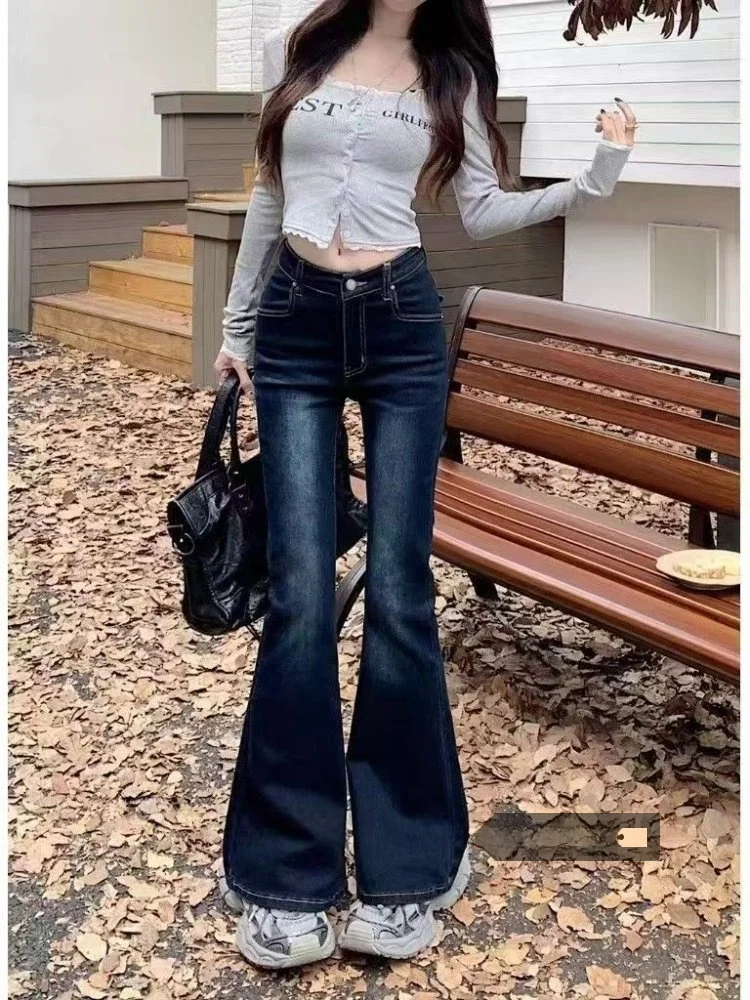 

Расклешенные джинсы с синими глазами в стиле ретро, женские зимние облегающие брюки-копыта 2025 года, сексуальные утягивающие брюки-колокольчики для девочек, джинсовые брюки с высокой талией