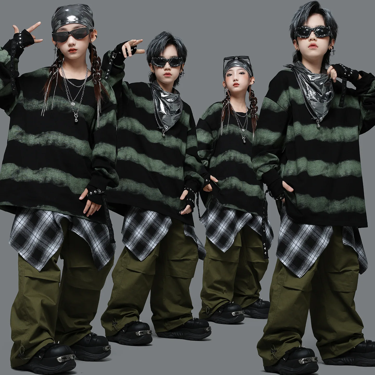 Kind Kpop Hip Hop Kleidung Schwarz Gestreiftes Sweatshirt Armee Grün Fallschirm Cargo Hosen für Mädchen Junge Street Dance Kostüme Kleidung