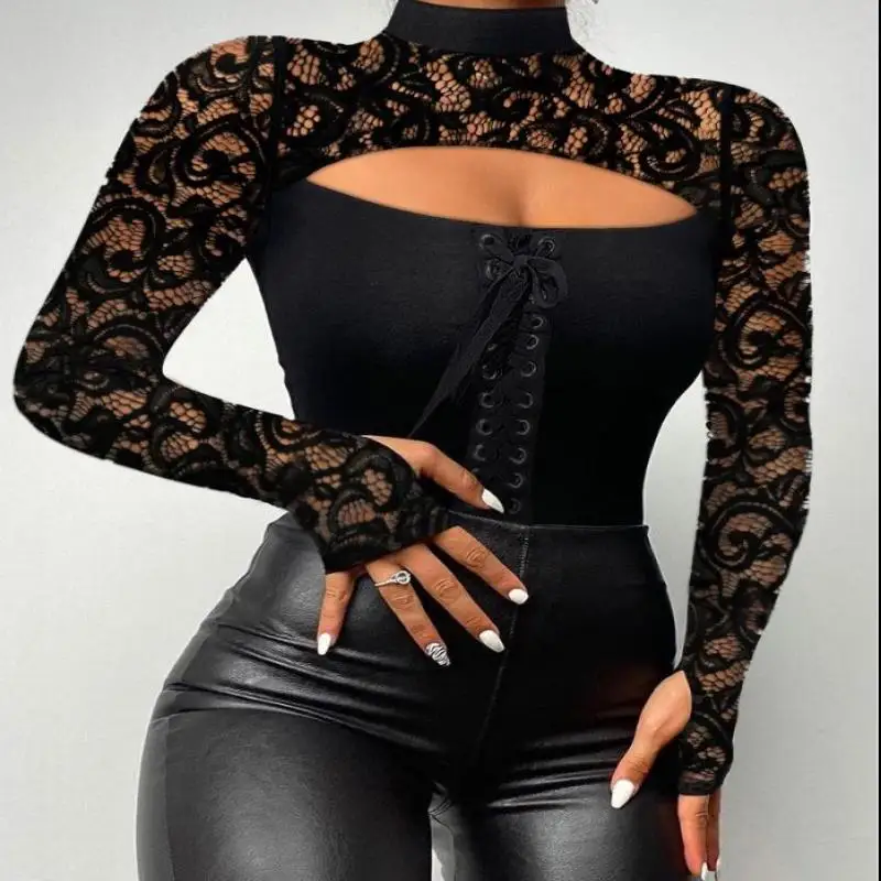 

Sexy Women's Slim Fit Top 2024 Summer Fashion High Neck Top with Lace Patchwork Tie Waist, Long Sleeved Perforated Tight Top