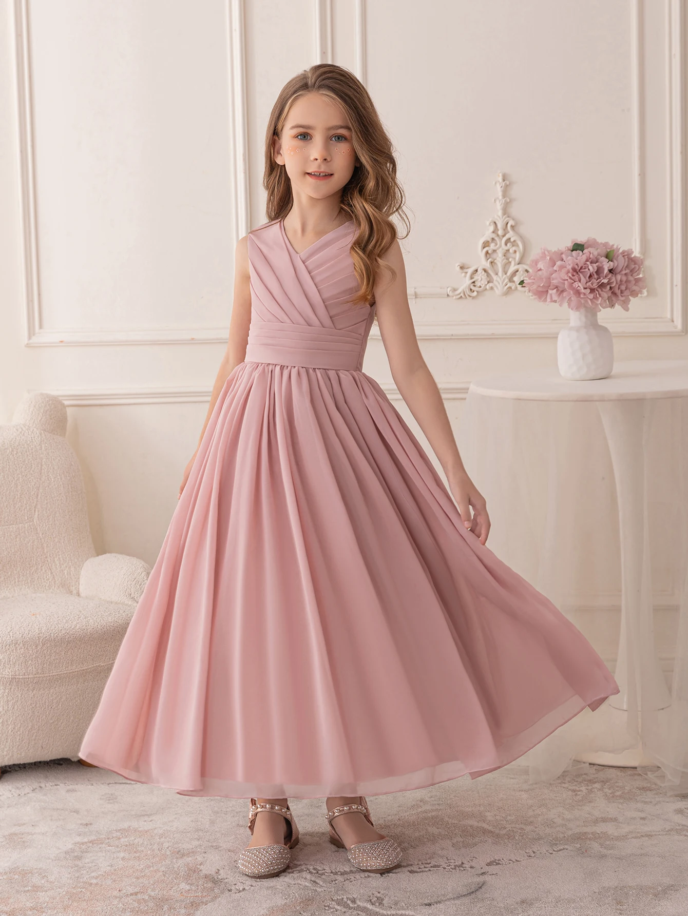 Tween Girls Pink Chiffon Dresses Wedding Party Long Dress Evening Gown