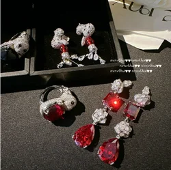 Rupee Pomegranate Red Water Drop Gem Flower Earrings Vintage Plated 18K Gold Teardrop Zircon Cheetah Earrings