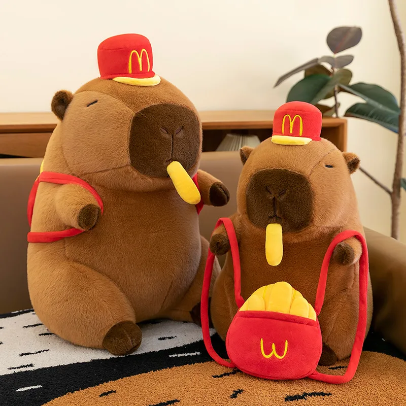 Kawaii Fries Hat Capybara Plush Toy Stuffed Doll Backpack Kids Birthday Gift Cute Cuddly Animal Plushie for Girls Toddlers