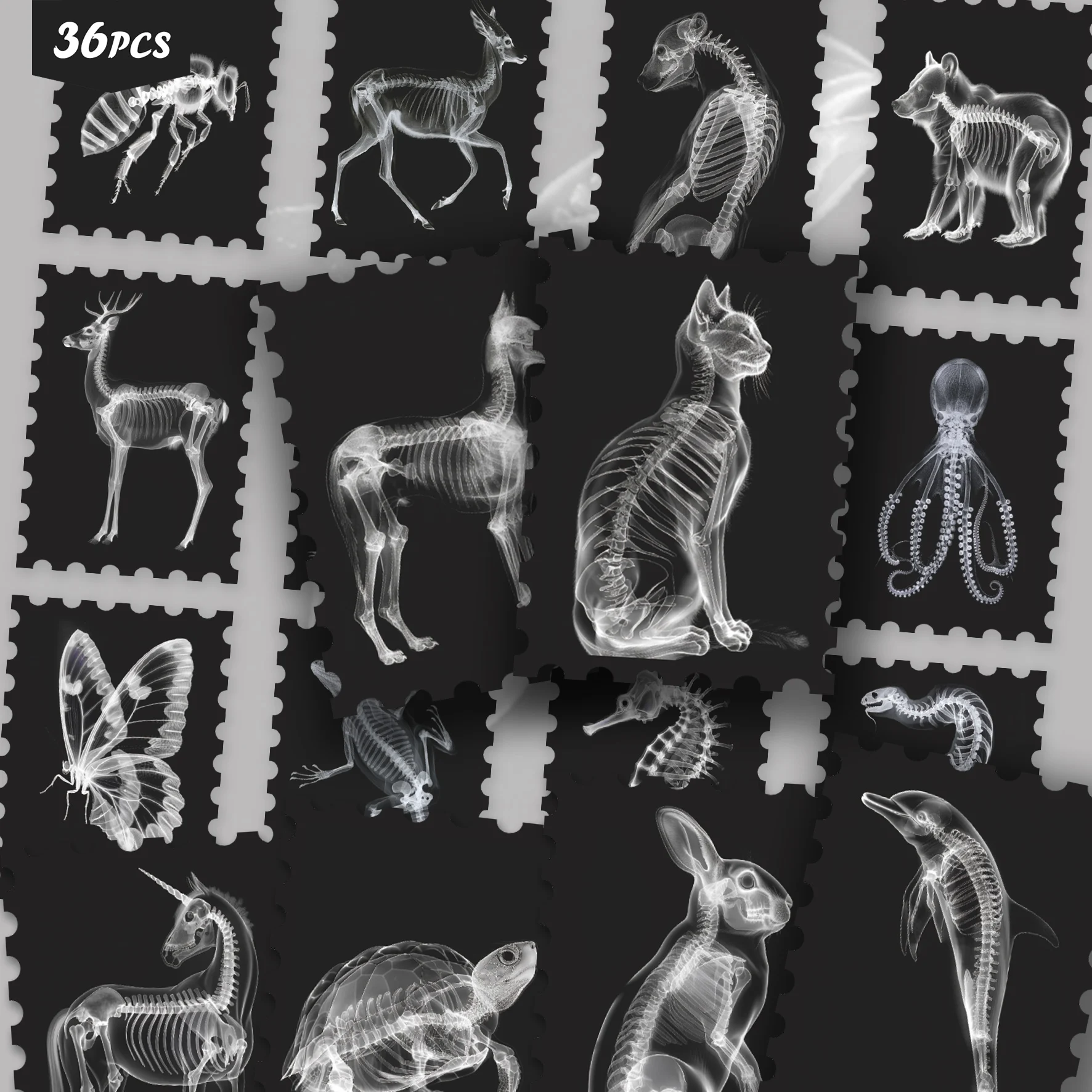 36PCS Dark Animal Skeleton Stickers, various creature bone motifs, unique retro aesthetic, ideal for tumblers, for pads and for