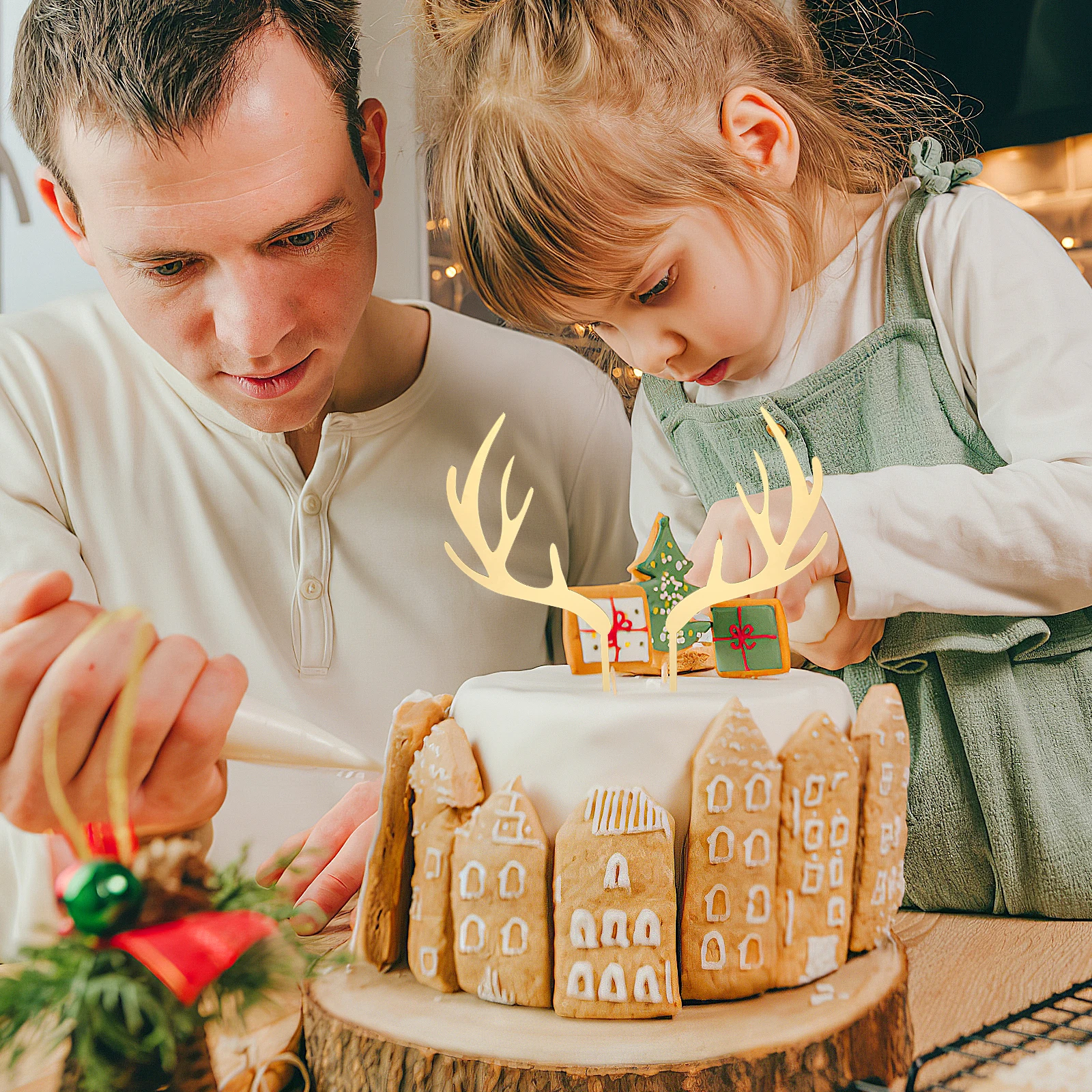 

5pcs Christmas Antlers Cake Topper Deer Horn Cupcake Toppers Food Picks Party Festival Decoration Golden Color Safe