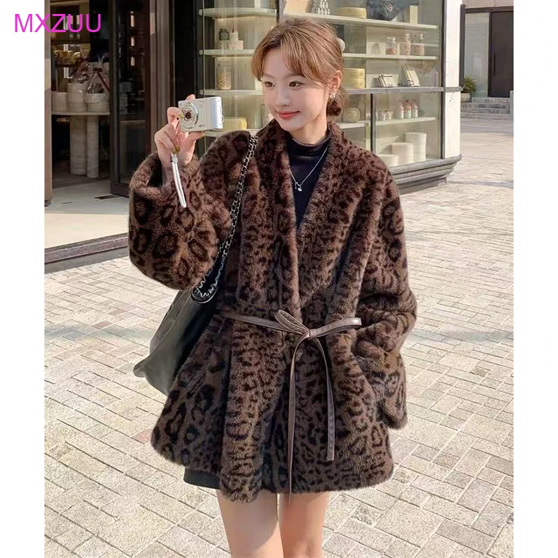 New Vintage Leopard Waterproof Mink Fur Coat Women Autumn Winter Fashion V-Neck Belt Closing Waist Slim Loose Faux Fur Jackets