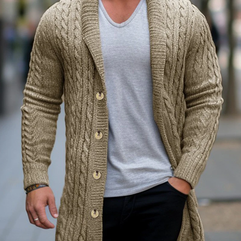 Winter Clothing Men's Knitted Jacquard Lengthen Cardigan  Sweatercoat Casual High Street Pocket Long Sleeve Wool Coat Knitwear