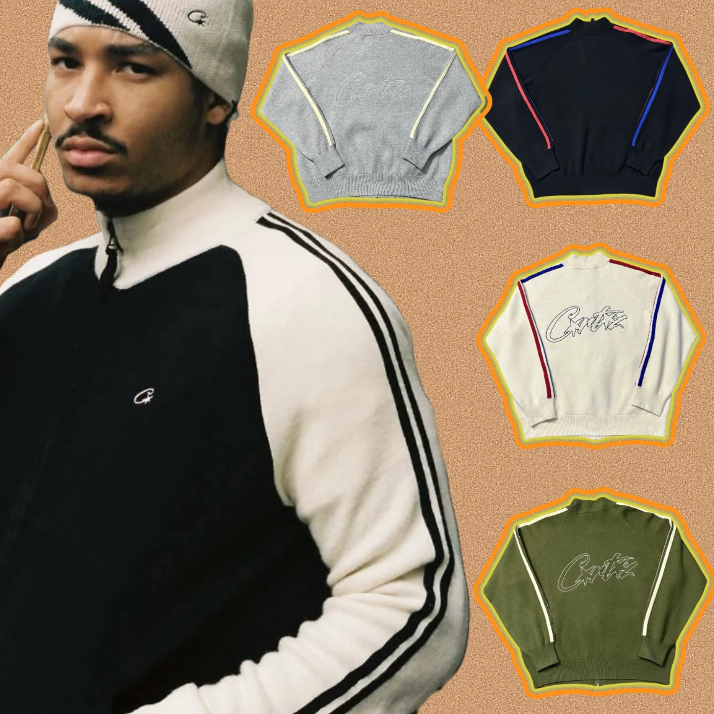 

CRTZ Demon Island American Retro Zipper Open Cardigan Wool Sweater Color Blo Street Sle Spring Autumn Men's Faion Knitwear