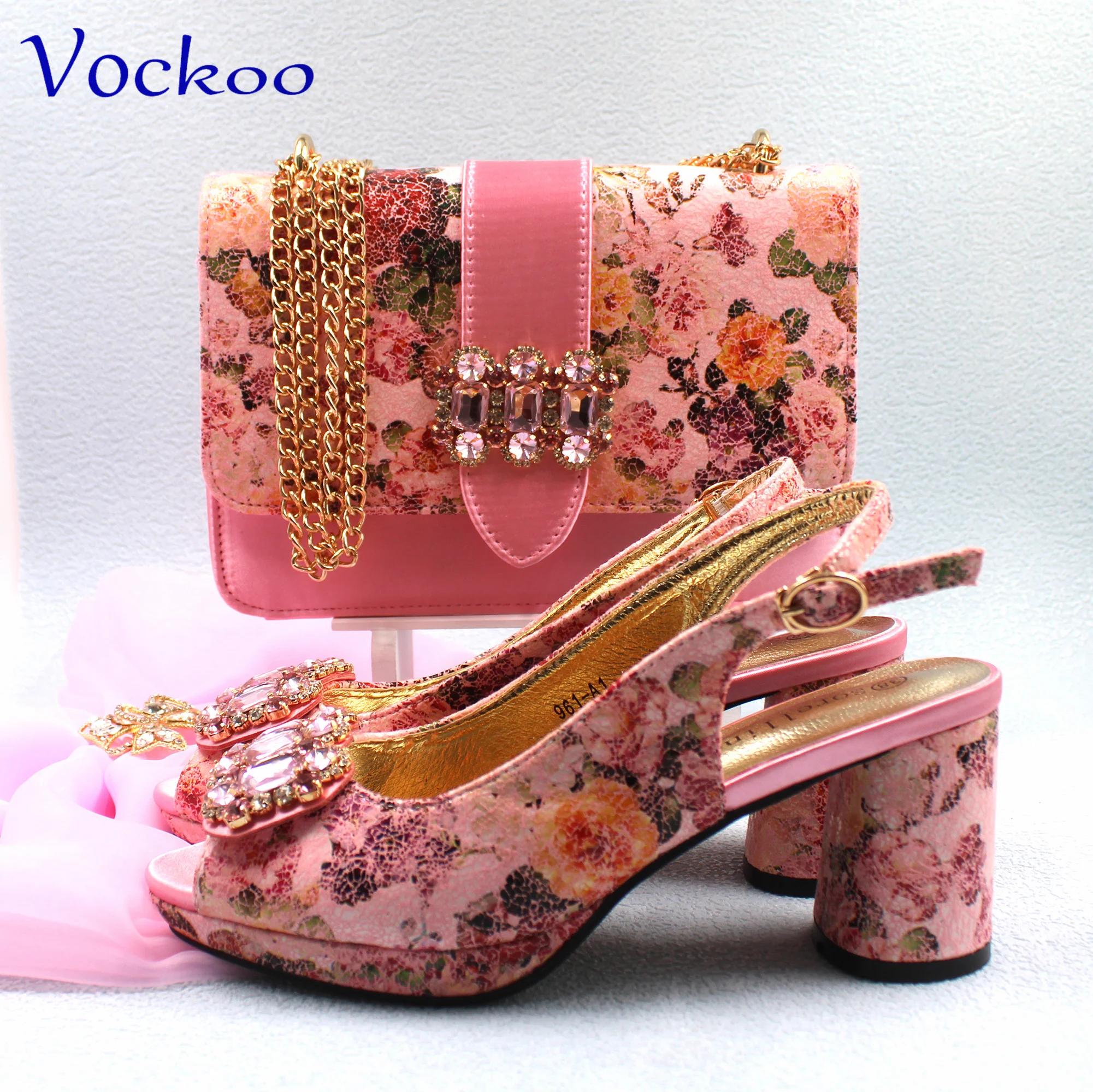 Pink Color Sexy Ladies Shoes and Bag Set with Platform Square Heels Comfortable with Crystal for Wedding Party