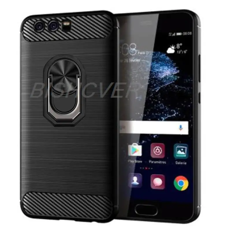 Carbon Fiber Brushed Shockproof Soft Cover For Huawei P10 VTR-L09, VTR-L29 VTR-AL00 VTR-TL00 Magnetic Ring Holder Case