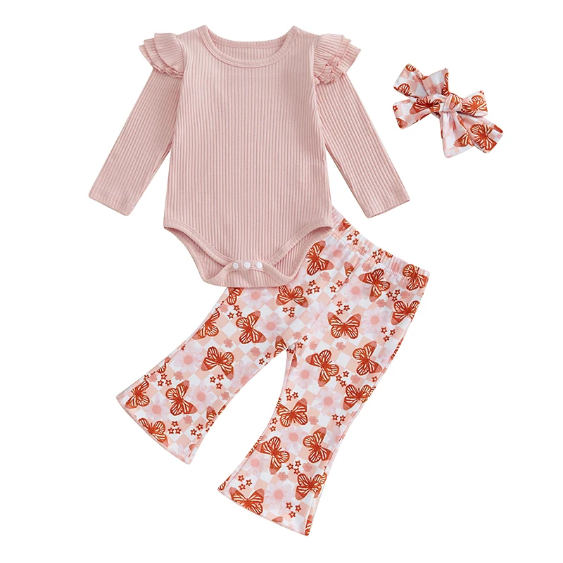 Pudcoco Infant Baby Girl Fall Outfits Solid Color Long Sleeve Romper Butterfly Print Flare Pants Headband 3Pcs Clothes Set 0-18M