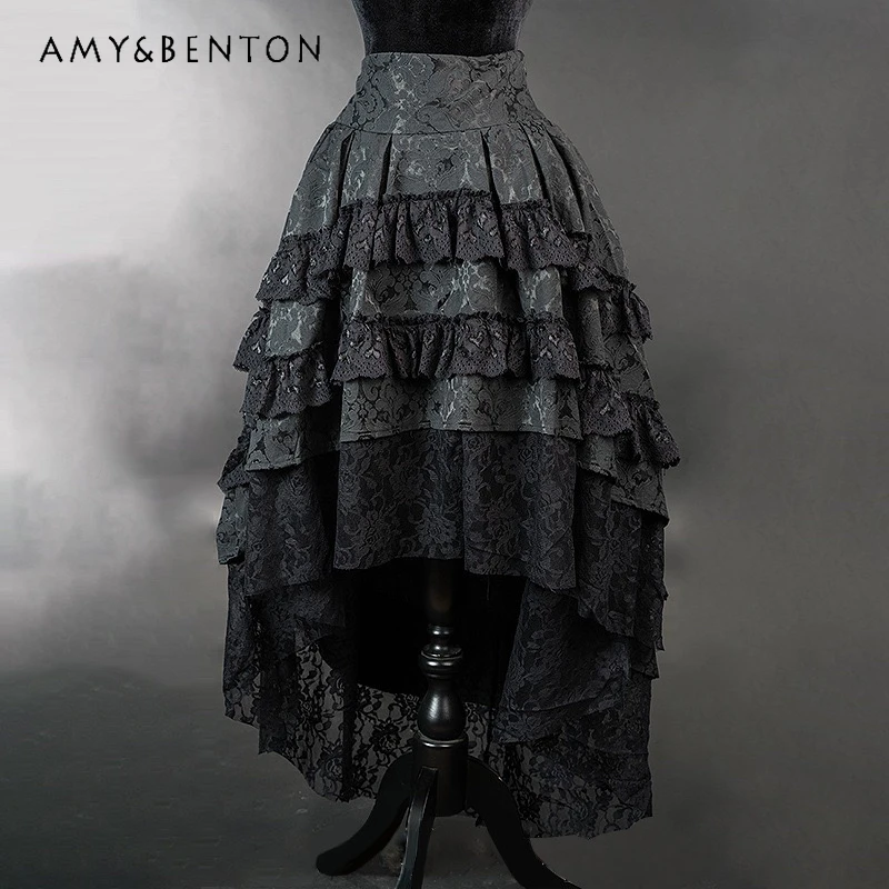 

Original Design Retro Subculture Lace Trim Women's Skirt Gothic Dark Short Front Long Back Swallowtail High Waist Skirts Ladies