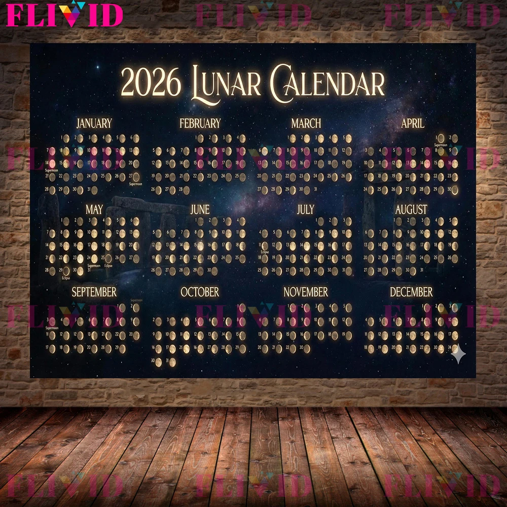 Northern Hemisphere Moon Phases 2026 Calendar Wall Art Canvas Painting,Witchy 2026 Lunar Calendar Art Poster Print Home Decor