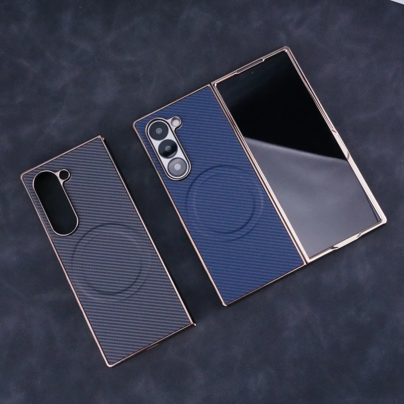 Plating Carbon Fiber Texture for Magsafe Magnetic Phone Case for Samsung Galaxy Z Fold 8 Ultra Wireless Charge Shockproof Cover