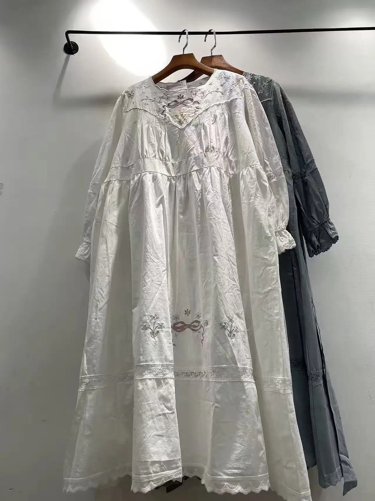 Vintage Cottagecore Tiered Midi Dress for Women Floral & Bow Embroidery Lace Scalloped Hem Long Sleeve Mori Girl Cotton Dress