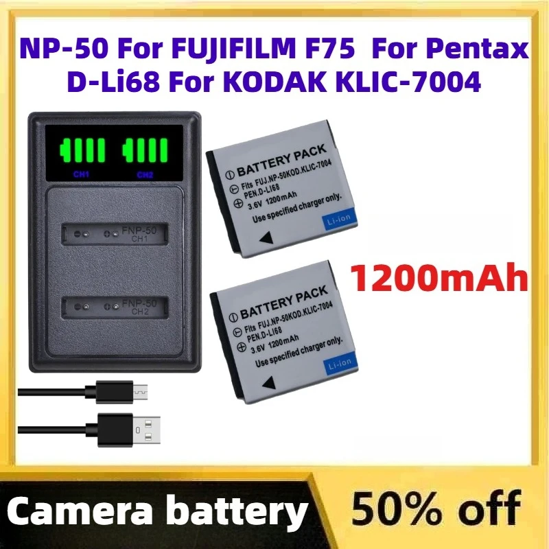 

1200mAh NP-50 Li-lon Camera Battery + LED USB Charger for FUJIFILM F75 F665 F750 for Pentax D-Li68 for KODAK KLIC-7004