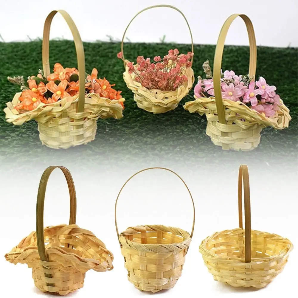 Yellow Braid Flower Baskets with Handle Wedding Ornaments Handheld Baskets Party Supplies Packaging Weaving Basket Bedroom