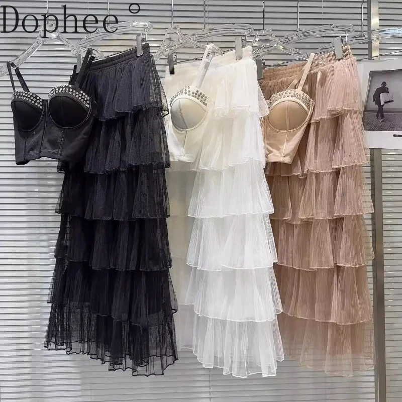 

Spice Girls 2025 New Spring Two-piece Set Elegant Rhinestone Beads Chest Pad Camis Tank Top + Ruffles Ultra Long Cake Skirt Suit
