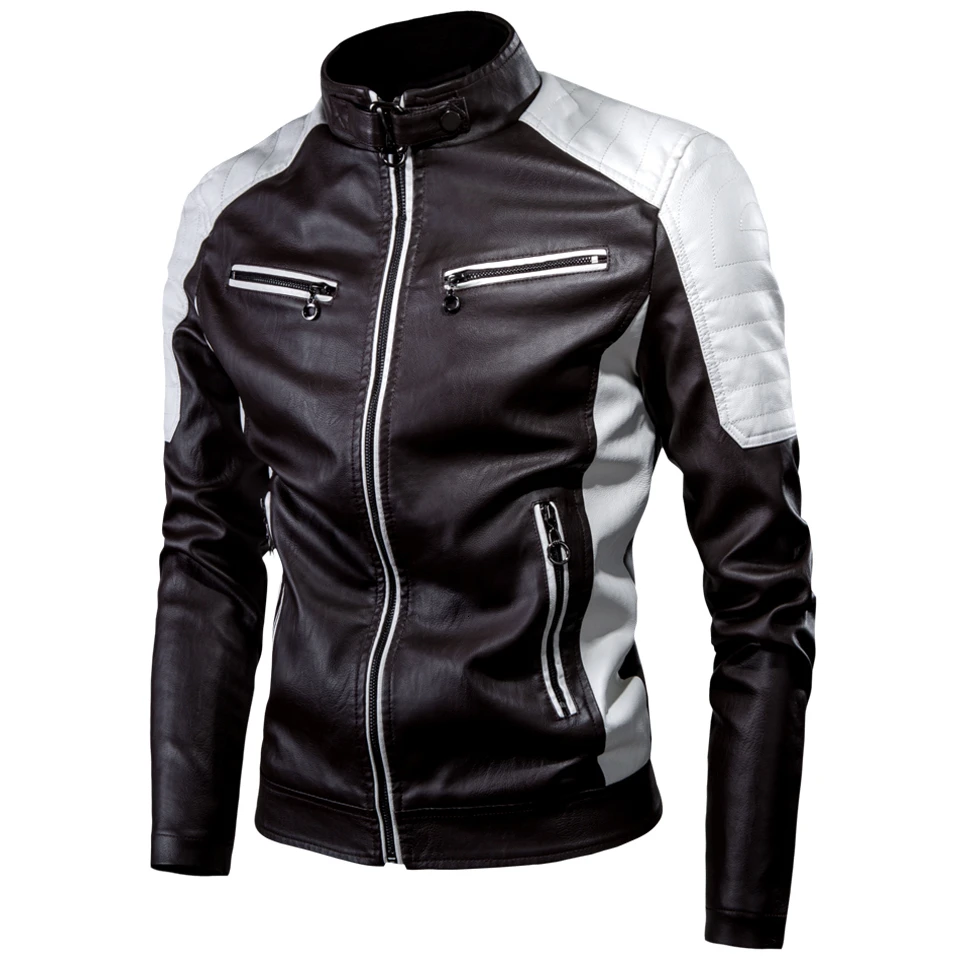 Chaqueta ajustada de cuero PU para hombre, abrigo informal empalmado, ropa de motocicleta, abrigos de motociclista, moda de otoño e invierno