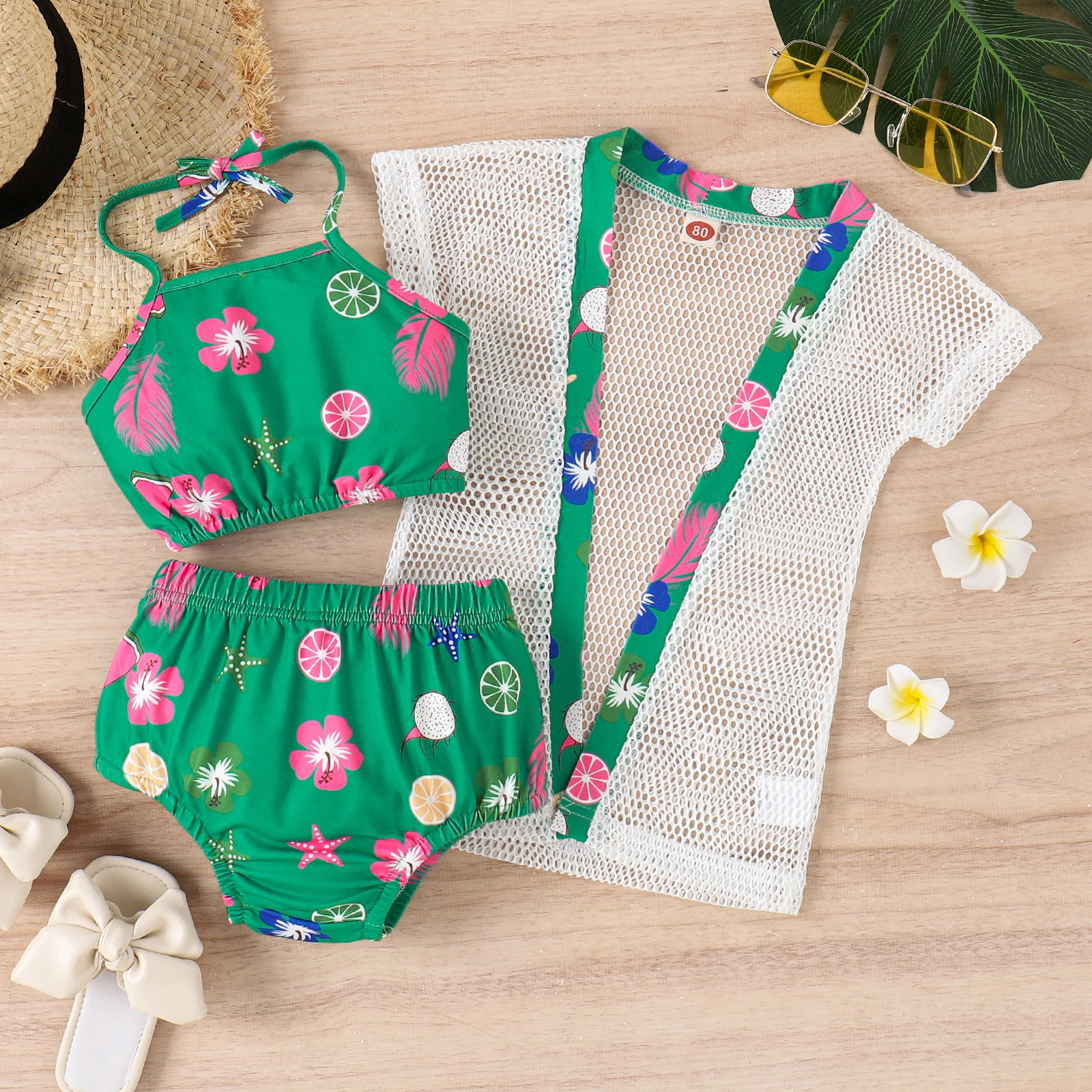 3PCS Summer Baby Girls 0-5 Years Old Soft And Comfortable Beautiful Printed Swimsuit + White Mesh Coat