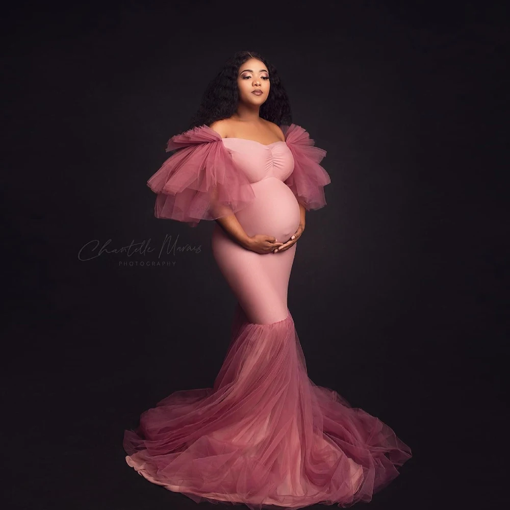 Vestidos para sesión de fotos de maternidad, vestido de sirena con hombros descubiertos, tela elástica de encaje de tul, vestido de graduación, sesión de fotos, ropa de embarazo