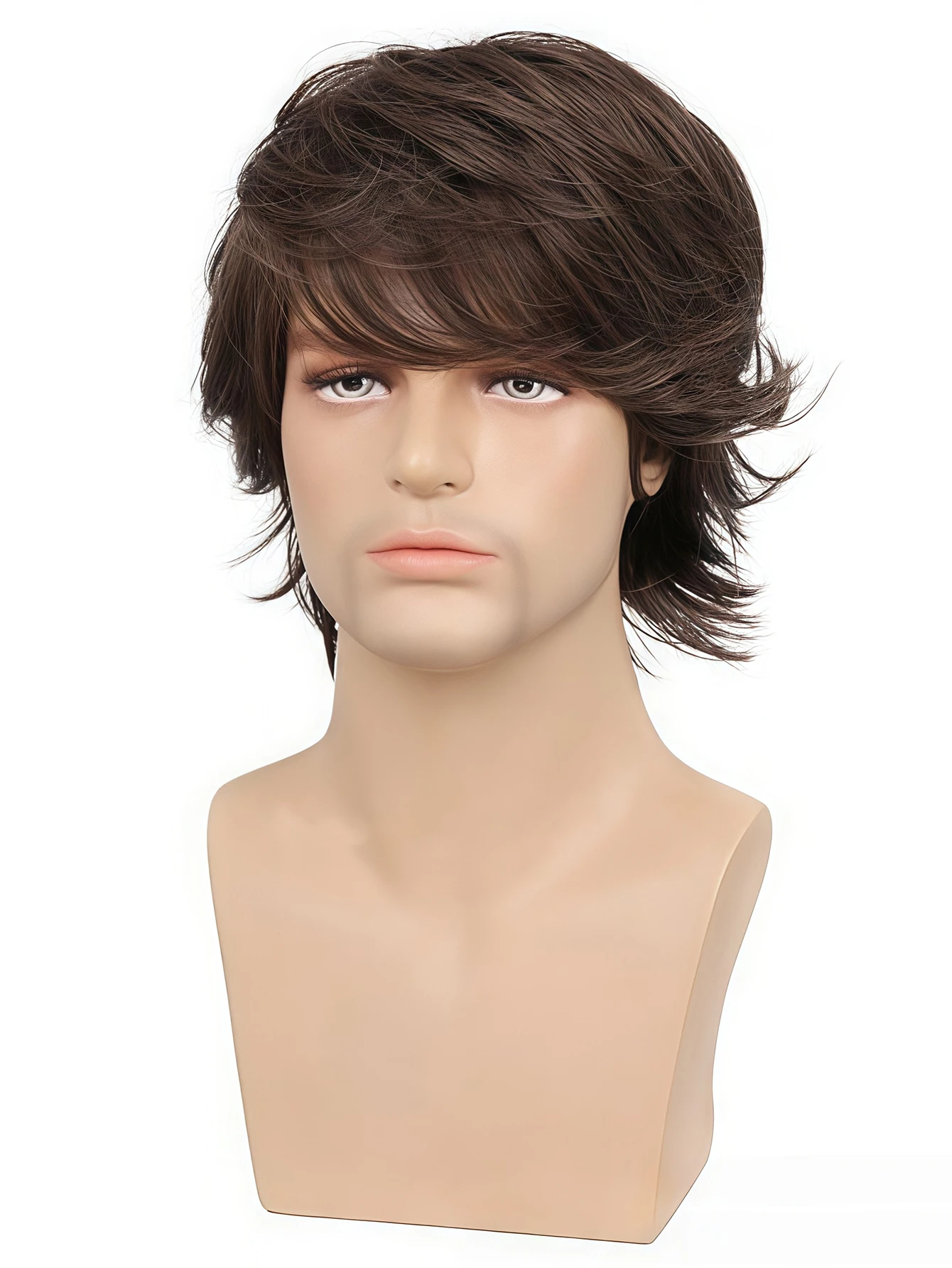 Brown Layered Wolf Cut Wig for Men, Natural Synthetic Hair with Textured Fringe for Daily and Cosplay Looks