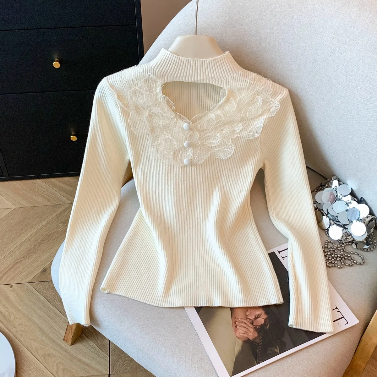 

Winter Thiened Design Lace Trim Knitted Women's New Sle Korean f High round Ne Slimming Long Sve Soft Nylon Sweater