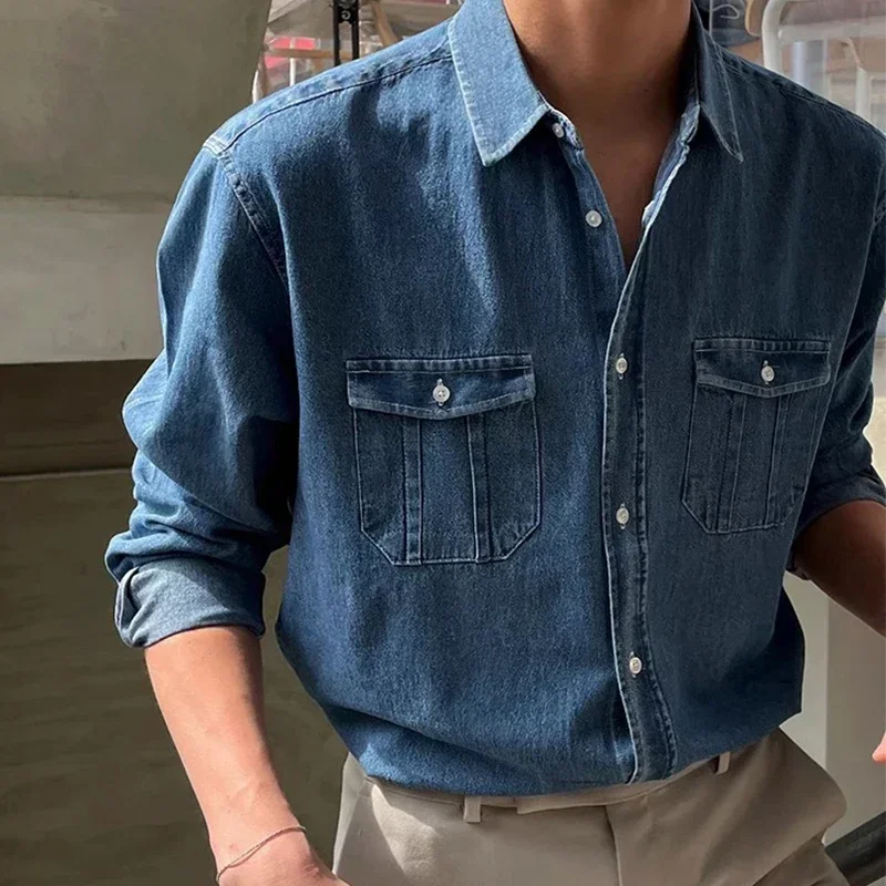 

Streetwear Mens Denim Shirts Fashion Patchwork Pockets Long Sleeve Jean Shirt for Men Vintage Solid Color Button Denim Cardigans