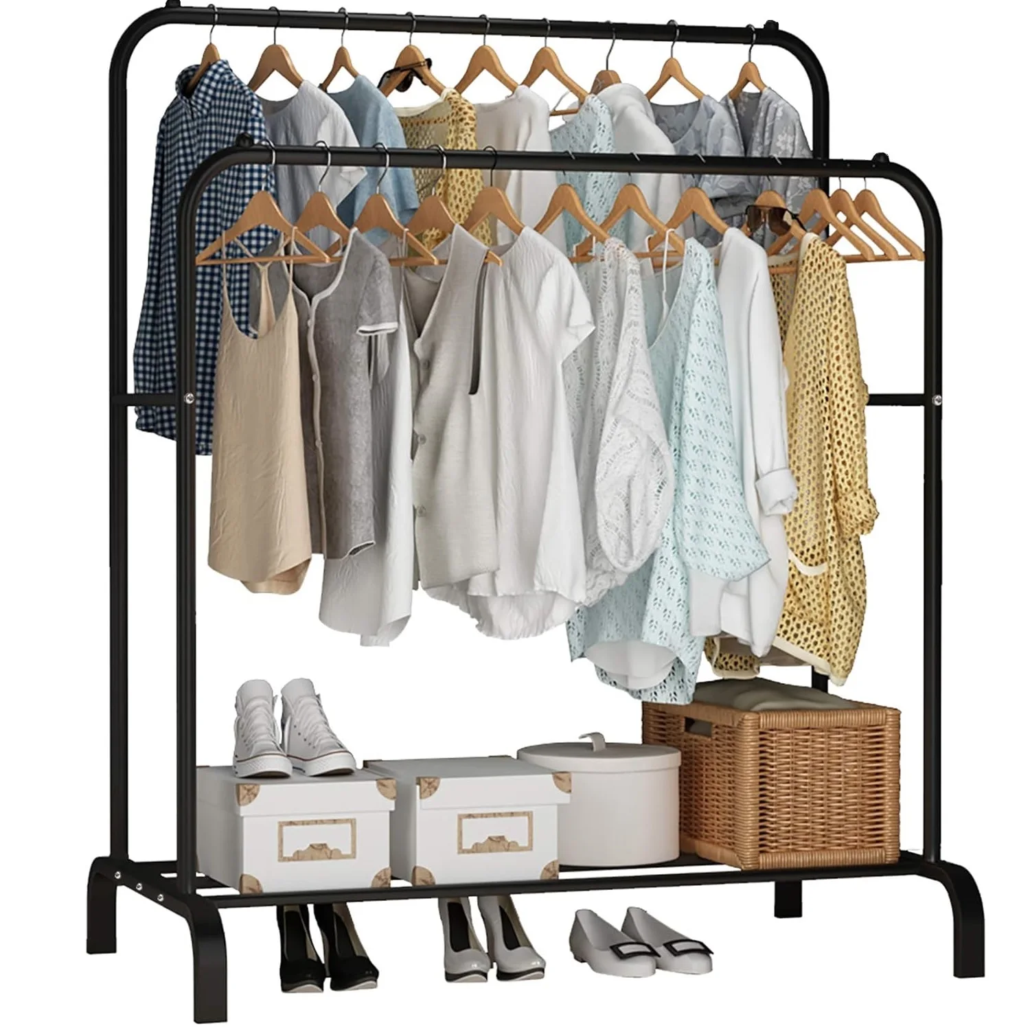 Porte Manteau Portant à Vêtements Penderie Cintre Tiges Double avec Etagère de Rangement Chaussures - Noir/Blanc