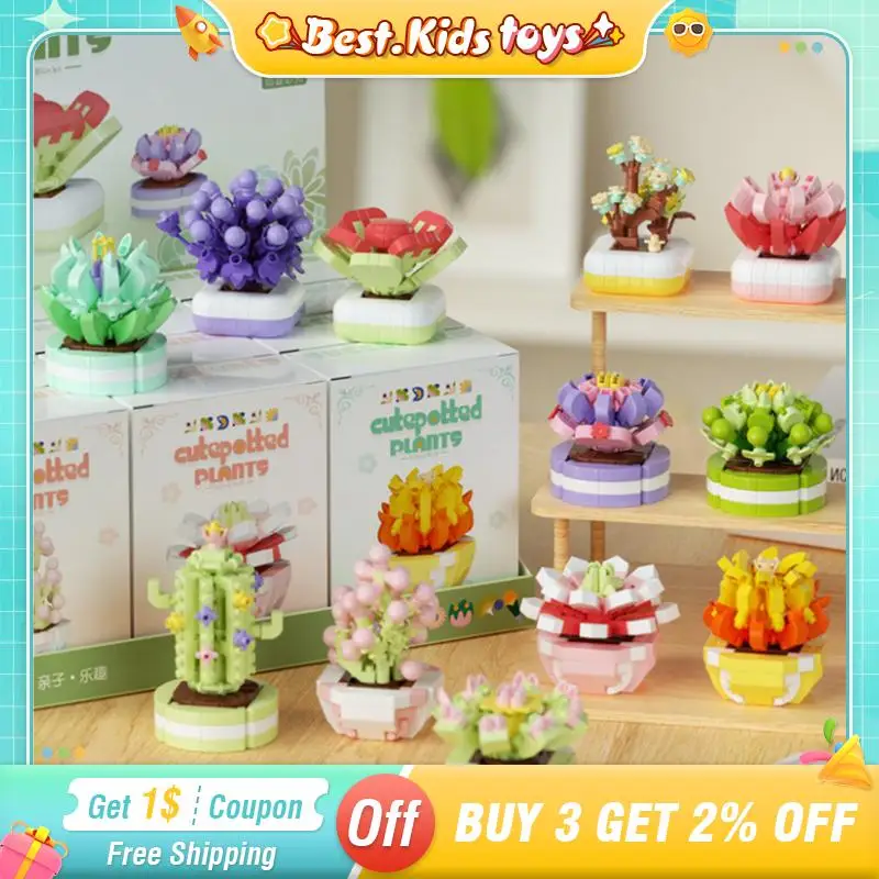 

12PC Succulent Building Blocks Eternal Flower Bouquet Plant Potted DIY Assembly Kids Toys Home Decoration Birthday Girls Gifts