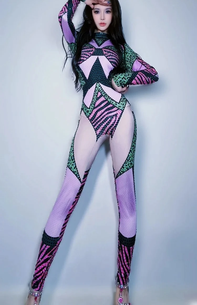 Mono brillante con diamantes de imitación para mujer, traje Sexy para club nocturno, traje para fiesta de cumpleaños, ropa para escenario, disfraz de espectáculo