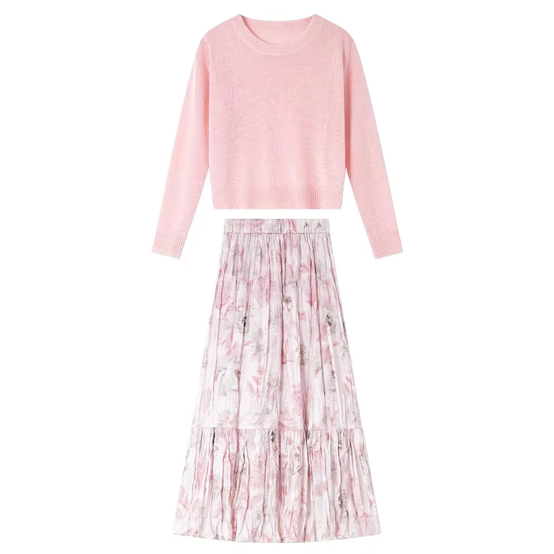 VIMLY Women Simple Knitted Sets 2026 Spring Office Lady Casual Pullover Top+Pleated Floral Printed Skirt Beach Style 2pcs Set