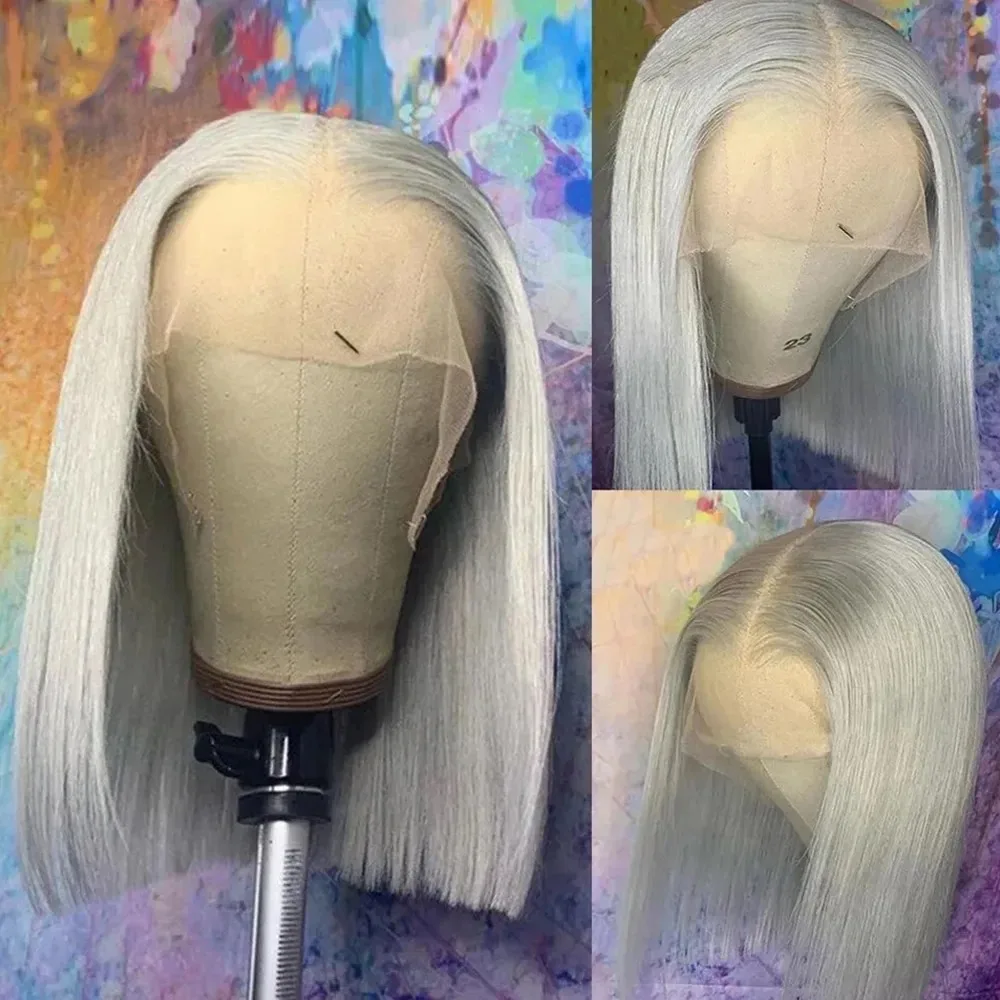 14 Inch Short Silver Gray HD Lace Front Wig Pre Plucked Glueless Heat Resistant Synthetic Wigs With Baby Hair