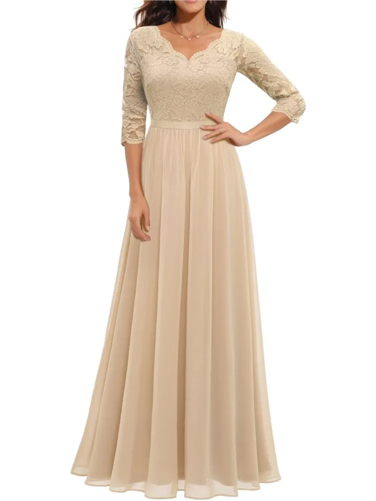 المرأة الجديدة بلون سليم المرقعة الدانتيل فساتين طويلة ربيع الخريف أنيقة الخامس الرقبة منتصف الأكمام عارية الذراعين ثوب مسائي فستان #2